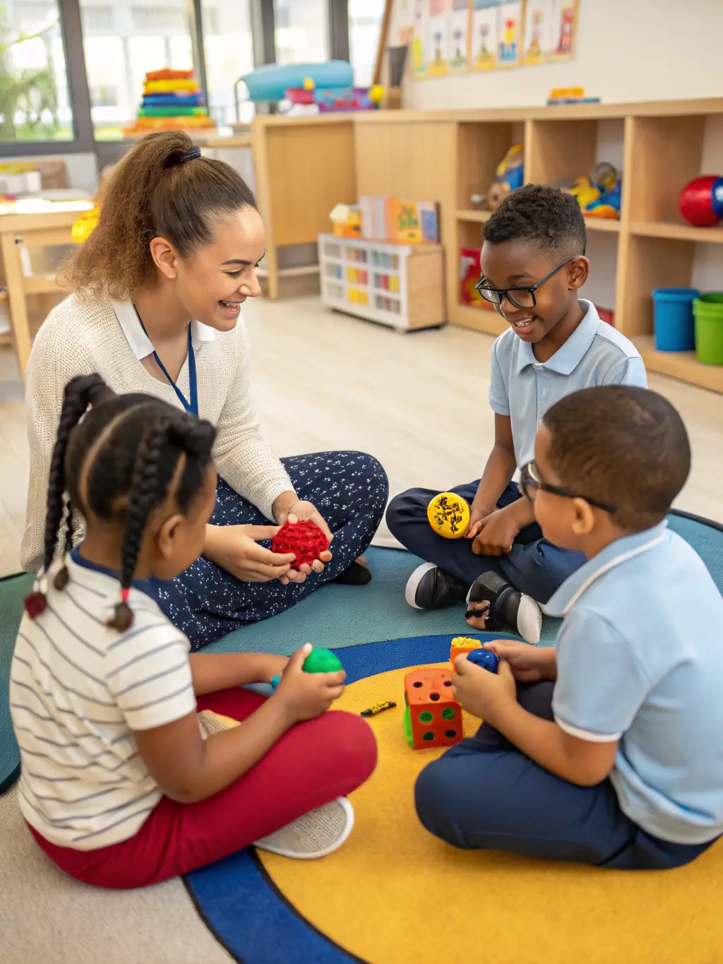 A photo of children happily participating in a circle time activity at Karter Little Wins, with a teacher guiding them with positive reinforcement.