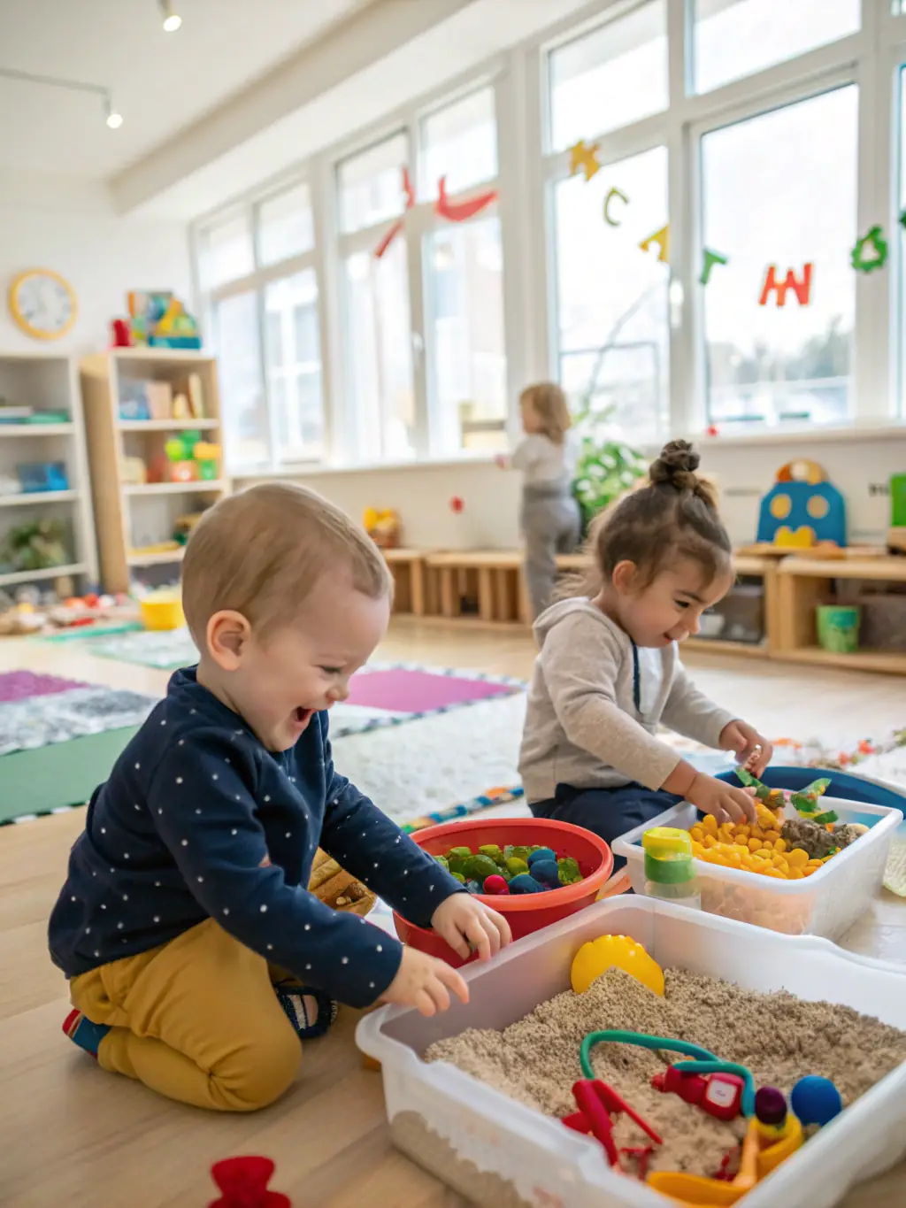 An image of children engaged in a sensory play activity at Karter Little Wins, exploring different textures and materials.
