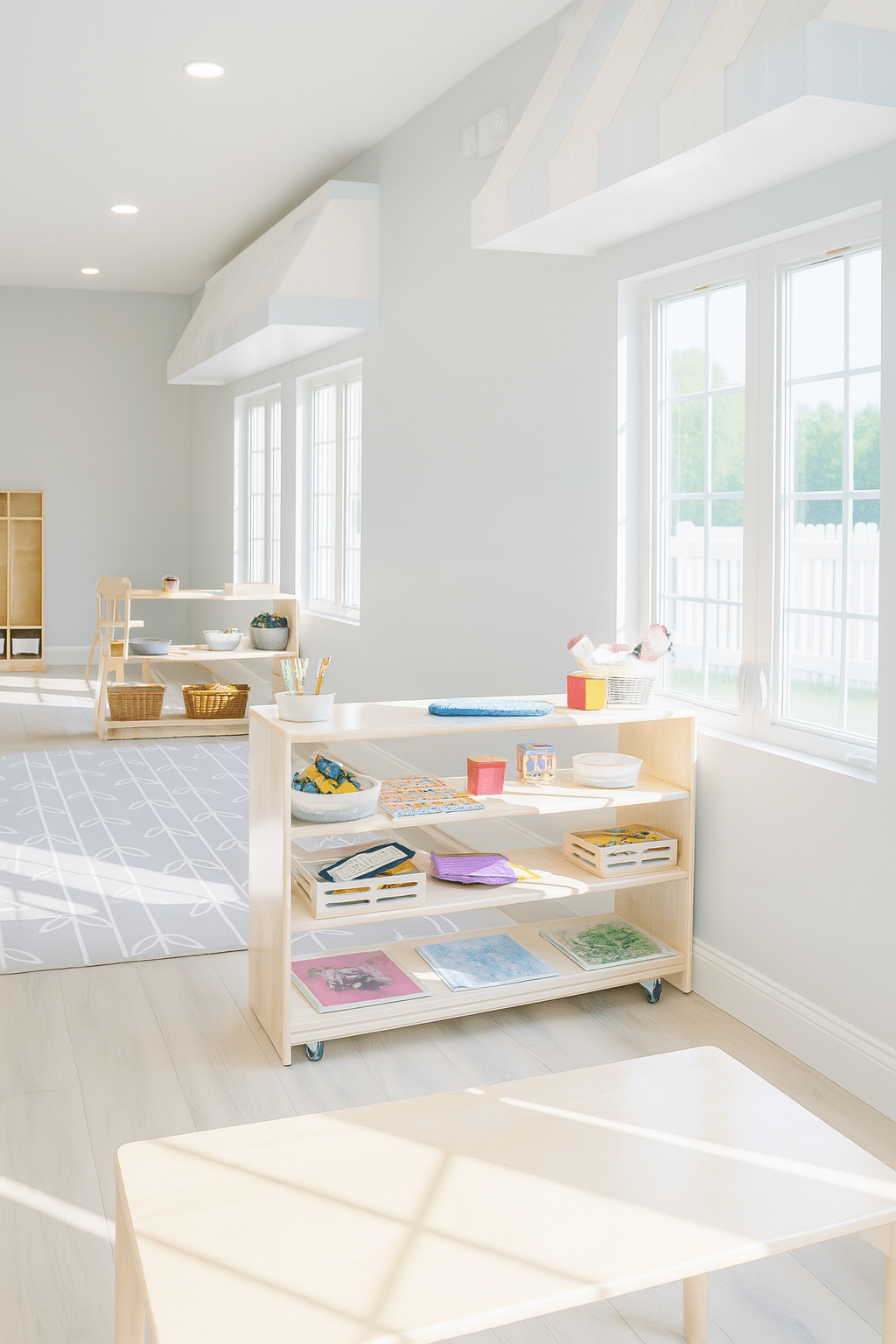 A calm, clutter-free learning space featuring a cozy rug, neutral tones, and low shelves with Montessori-style trays and manipulatives designed for preschoolers.
