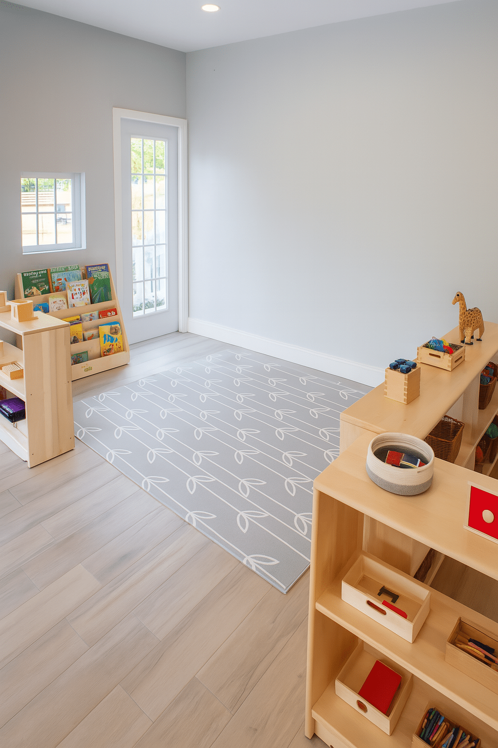 Child-sized tables and shelves with colorful hands-on materials for fine motor development, sensory play, and early academic skills.