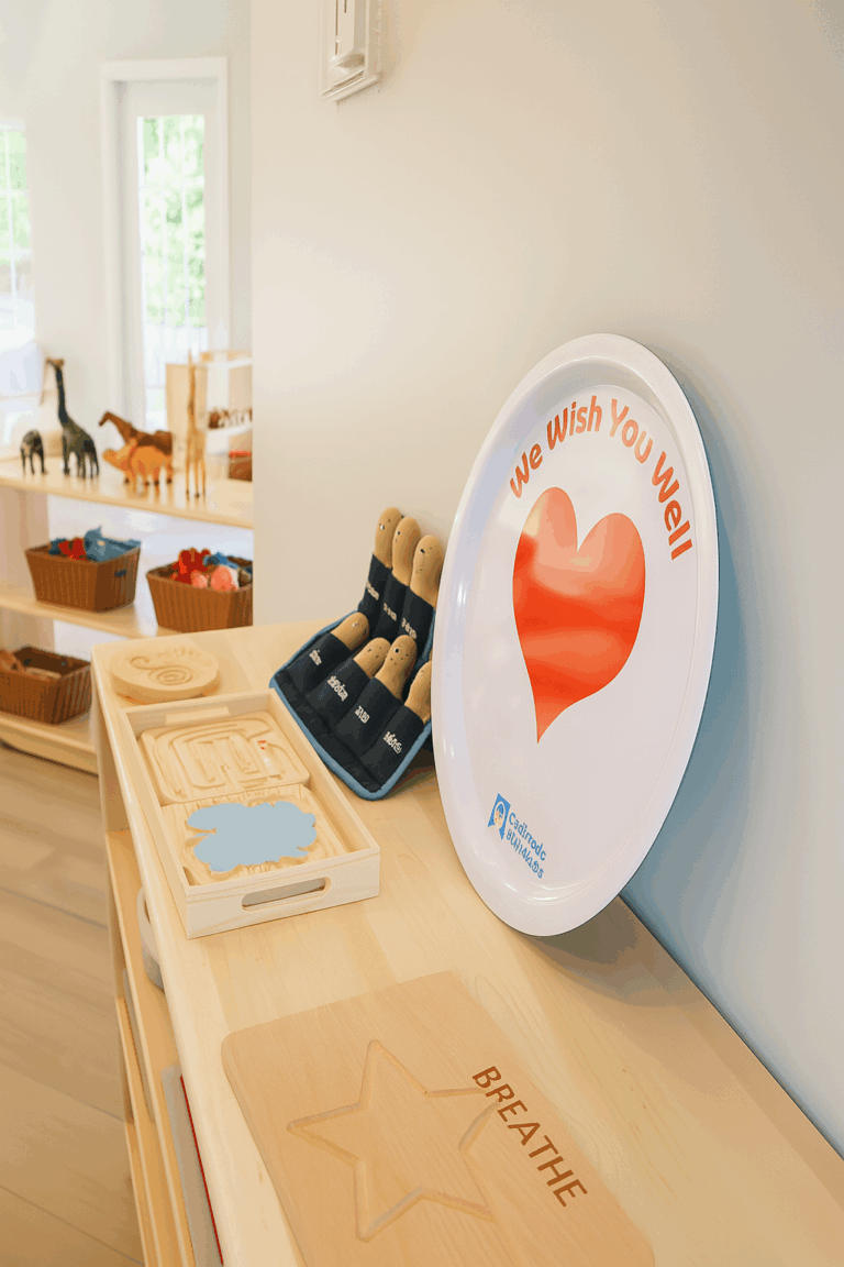 A classroom corner with a wooden shelf displaying social-emotional learning tools, including a “We Wish You Well” sign, calm-down bottles, and emotion dolls.