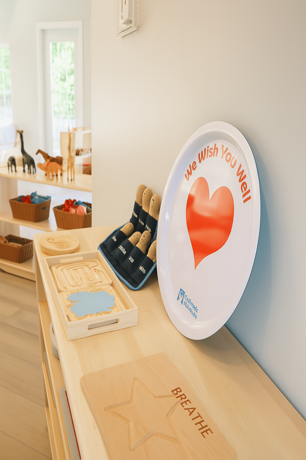 A classroom corner with a wooden shelf displaying social-emotional learning tools, including a “We Wish You Well” sign, calm-down bottles, and emotion dolls.