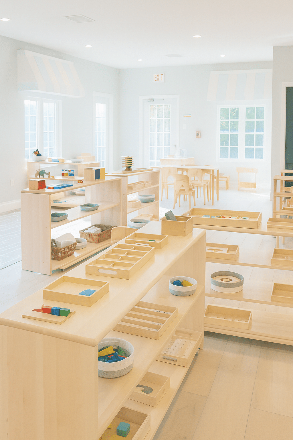 Child-sized tables and shelves with colorful hands-on materials for fine motor development, sensory play, and early academic skills.